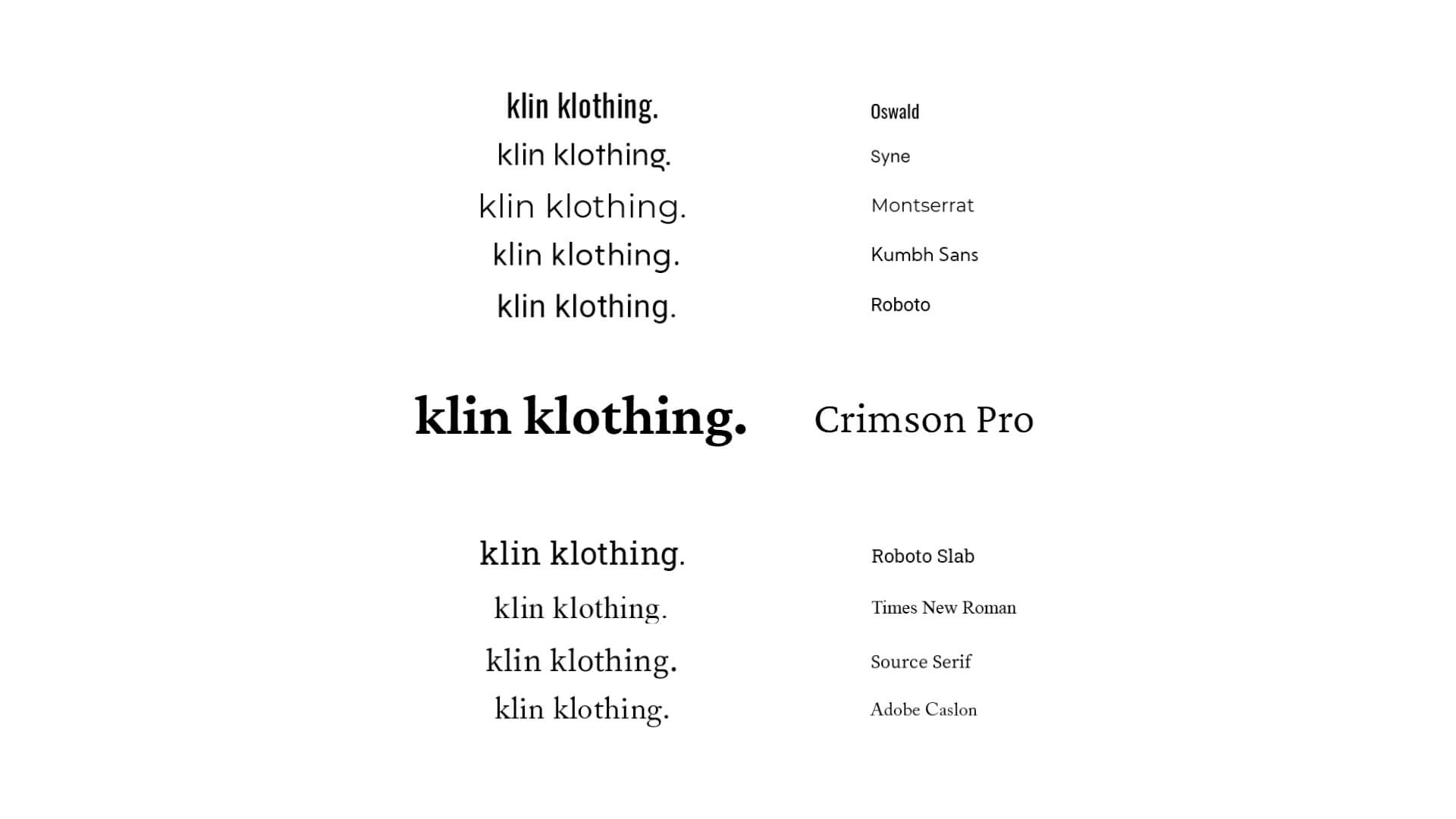 an image of the text klin klothing in different font types 