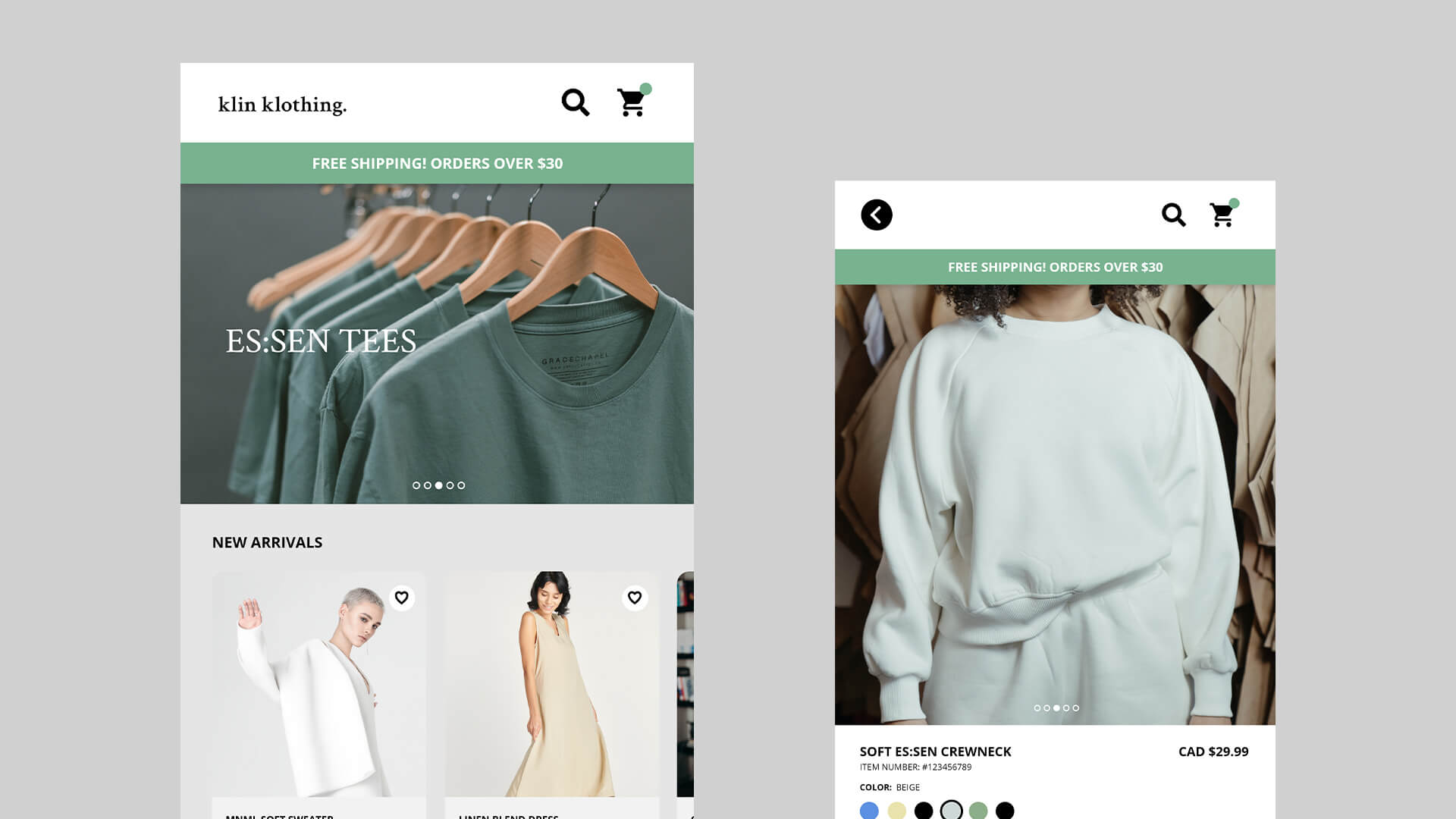 an image of high-fi wireframes for klin klothings landing page, and product page