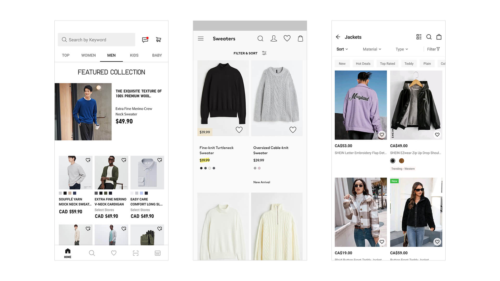 Uniqlo, H&M, and Sheins UI Mobile Layout