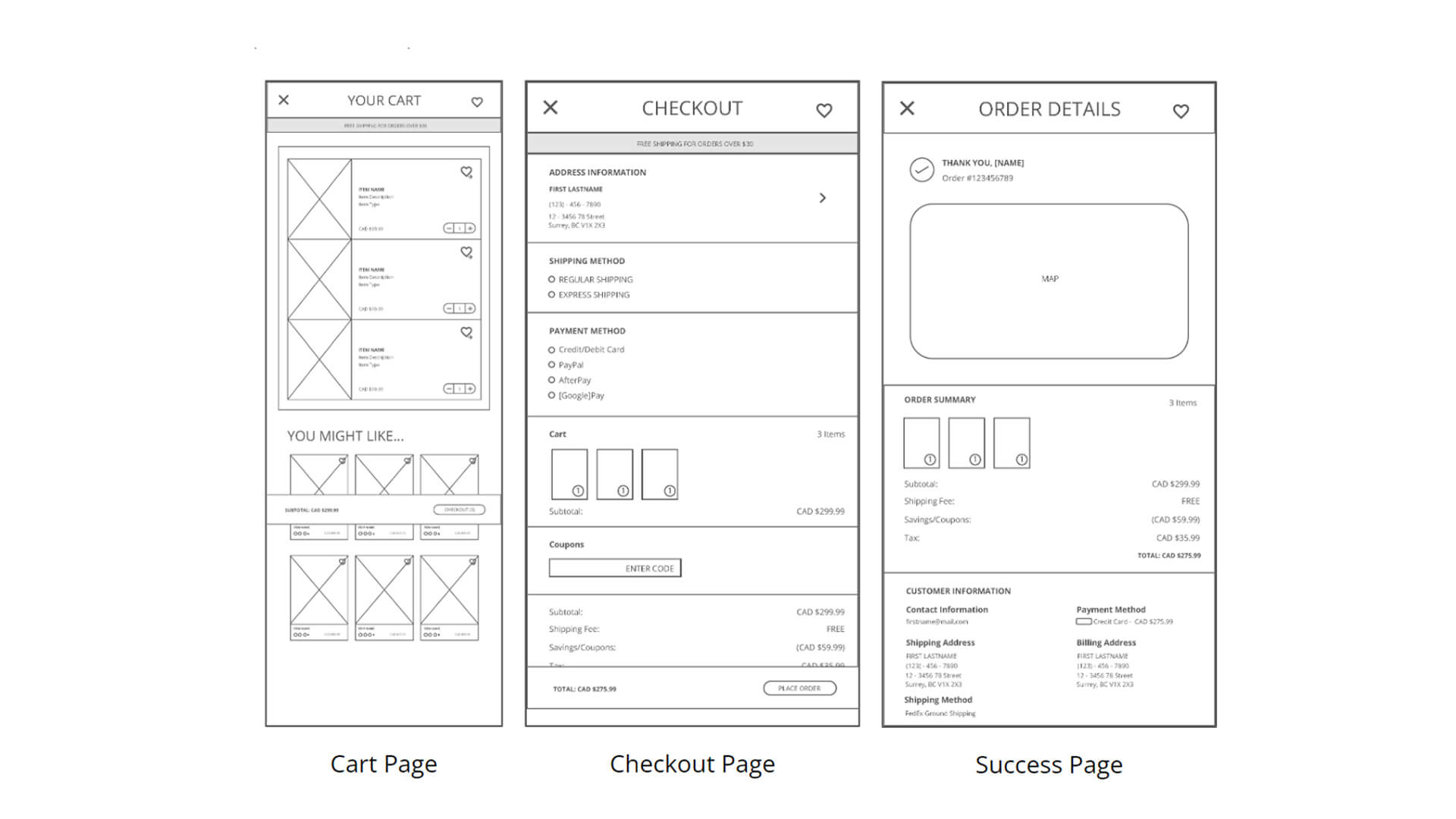 an image of low-fi wireframes for klin klothings cart page, checkout page, success page