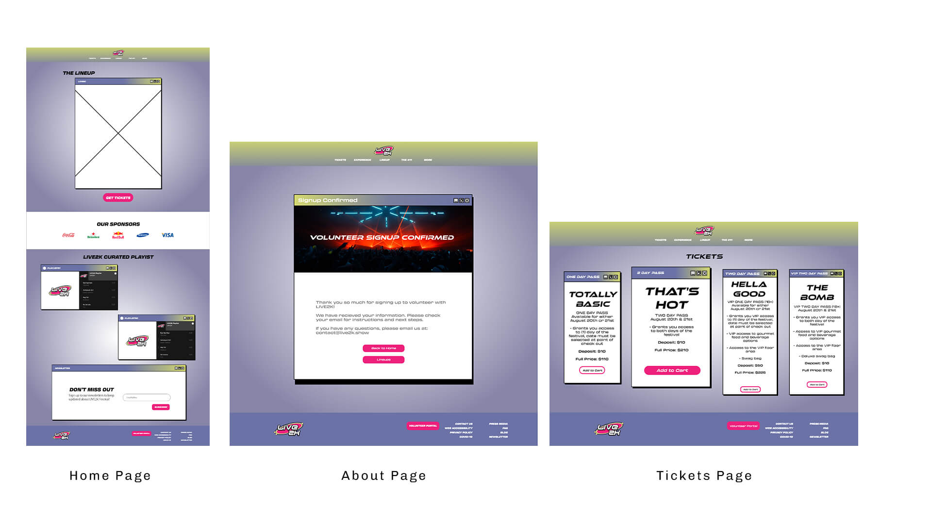 an image of Live 2K's hi-fi wireframes for Homepage, About Page, and Tickets Page