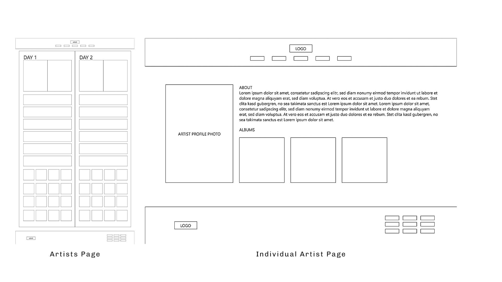 an image of Live 2K's low-fi wireframes for Artists Page, and Individual Artists Page