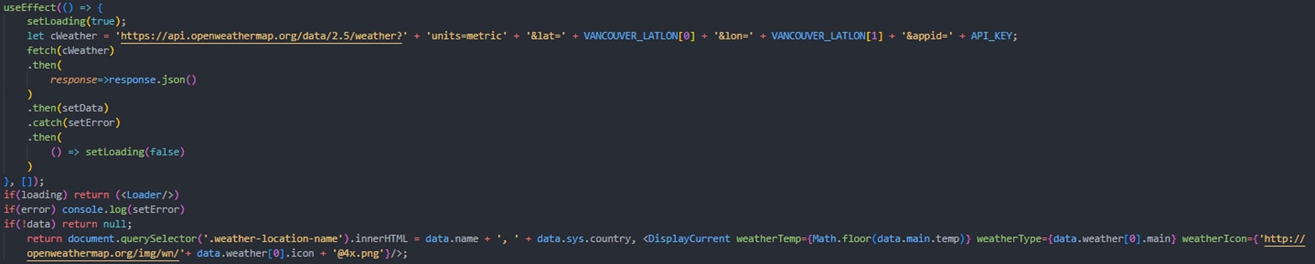 A coding snippet of the fetch function usage