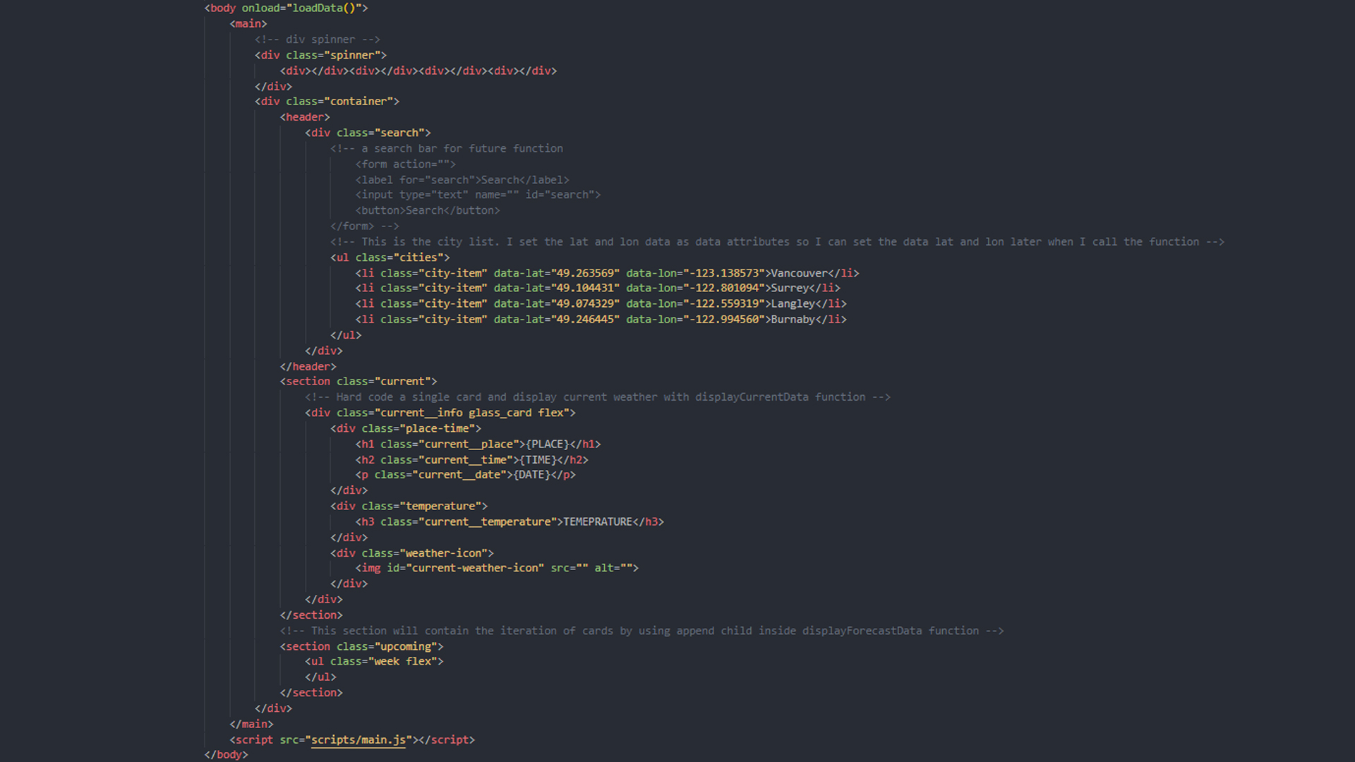 an image of HTML code structure for the weather app