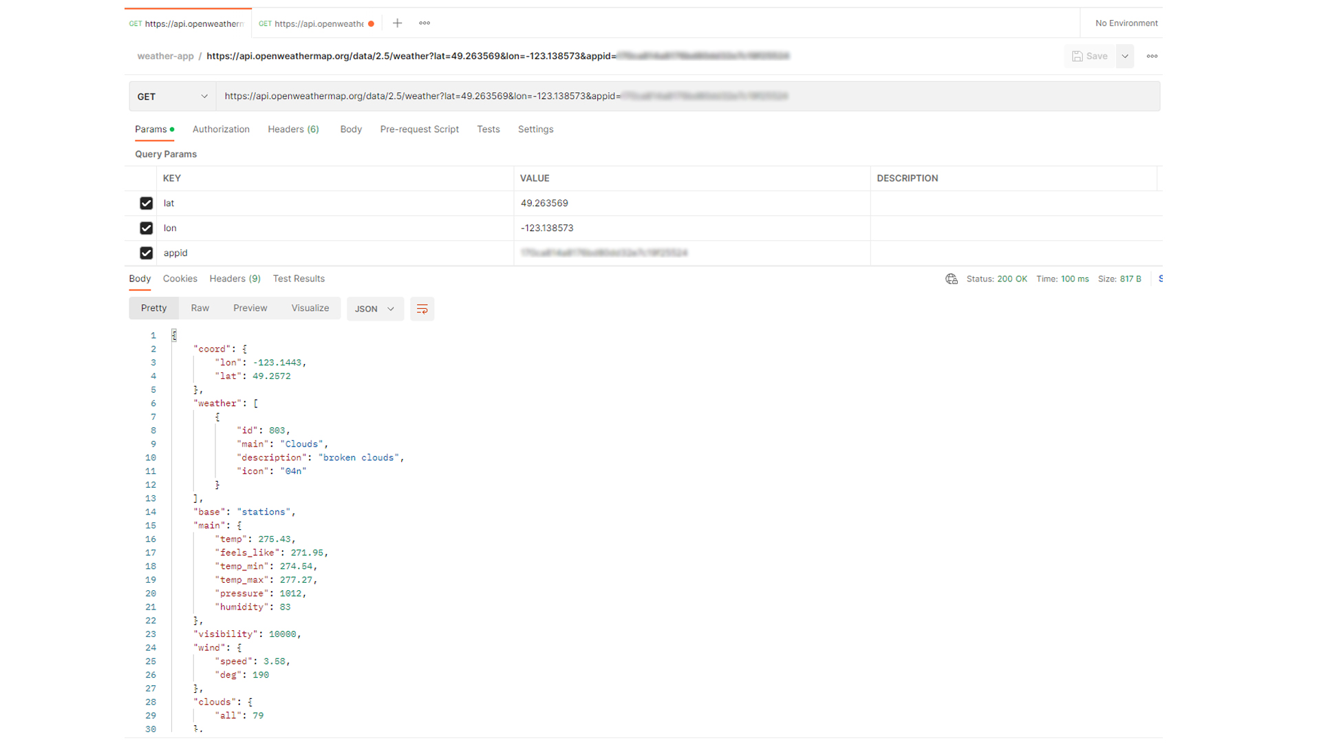 An image of Postman software fetching for API data